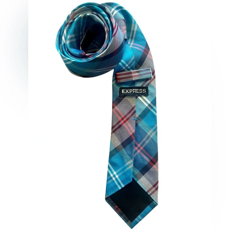 Express Silk Blend Plaid Tie - Gray Blue Red - Preppy